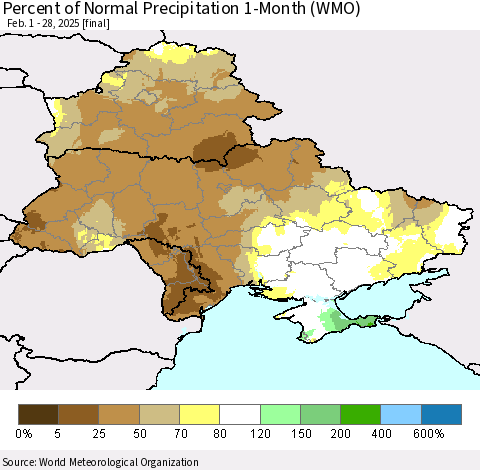 Ukraine, Moldova and Belarus Percent of Normal Precipitation 1-Month (WMO) Thematic Map For 2/1/2025 - 2/28/2025