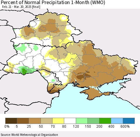 Ukraine, Moldova and Belarus Percent of Normal Precipitation 1-Month (WMO) Thematic Map For 2/21/2025 - 3/20/2025