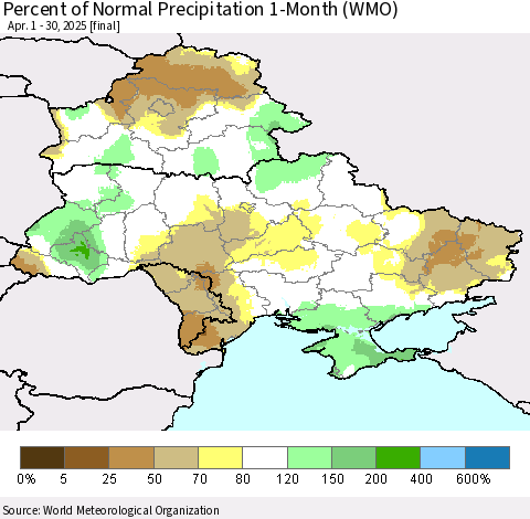 Ukraine, Moldova and Belarus Percent of Normal Precipitation 1-Month (WMO) Thematic Map For 4/1/2025 - 4/30/2025