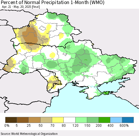 Ukraine, Moldova and Belarus Percent of Normal Precipitation 1-Month (WMO) Thematic Map For 4/21/2025 - 5/20/2025