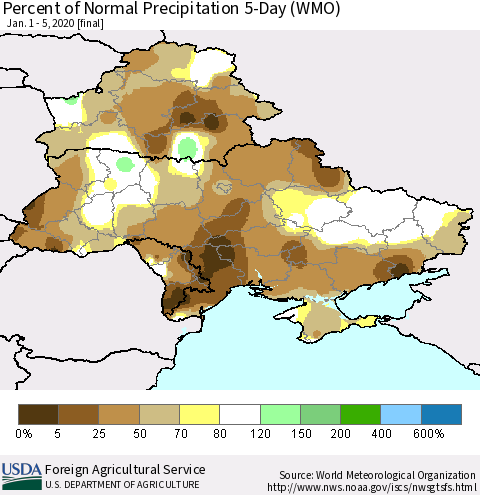 Ukraine, Moldova and Belarus Percent of Normal Precipitation 5-Day (WMO) Thematic Map For 1/1/2020 - 1/5/2020