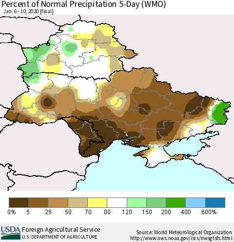 Ukraine, Moldova and Belarus Percent of Normal Precipitation 5-Day (WMO) Thematic Map For 1/6/2020 - 1/10/2020