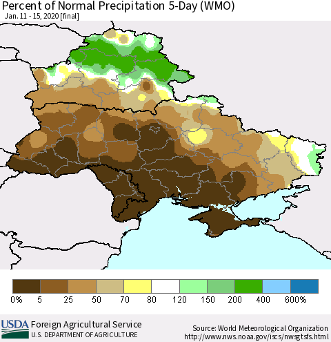 Ukraine, Moldova and Belarus Percent of Normal Precipitation 5-Day (WMO) Thematic Map For 1/11/2020 - 1/15/2020