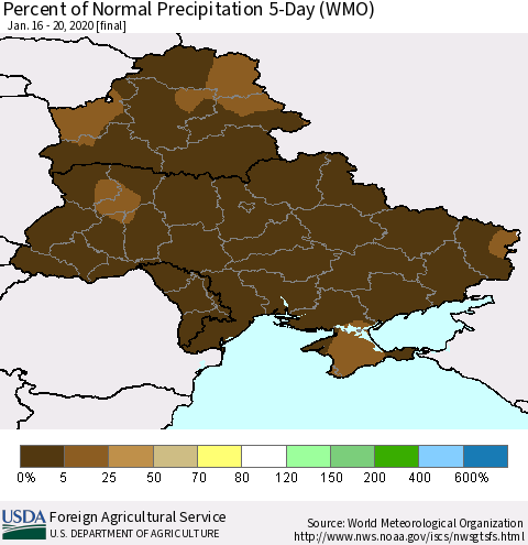 Ukraine, Moldova and Belarus Percent of Normal Precipitation 5-Day (WMO) Thematic Map For 1/16/2020 - 1/20/2020