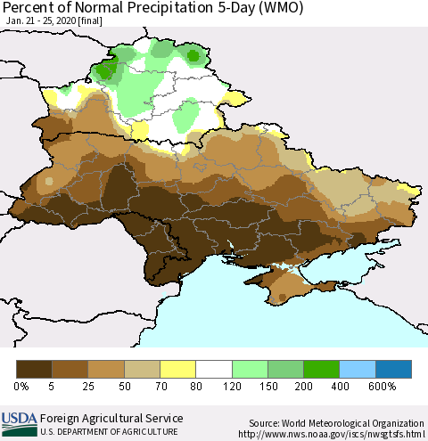 Ukraine, Moldova and Belarus Percent of Normal Precipitation 5-Day (WMO) Thematic Map For 1/21/2020 - 1/25/2020