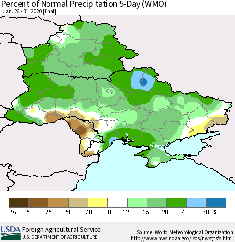 Ukraine, Moldova and Belarus Percent of Normal Precipitation 5-Day (WMO) Thematic Map For 1/26/2020 - 1/31/2020