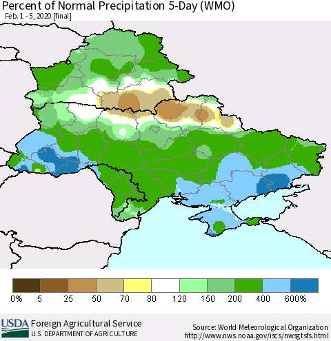 Ukraine, Moldova and Belarus Percent of Normal Precipitation 5-Day (WMO) Thematic Map For 2/1/2020 - 2/5/2020