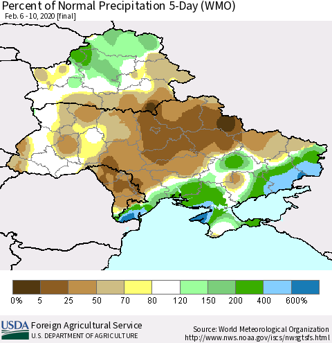Ukraine, Moldova and Belarus Percent of Normal Precipitation 5-Day (WMO) Thematic Map For 2/6/2020 - 2/10/2020
