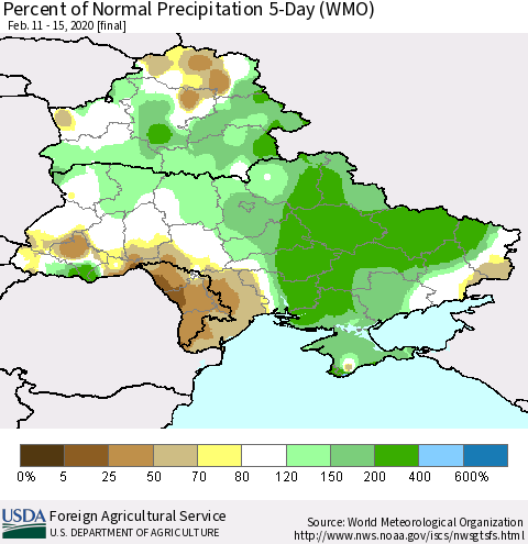 Ukraine, Moldova and Belarus Percent of Normal Precipitation 5-Day (WMO) Thematic Map For 2/11/2020 - 2/15/2020