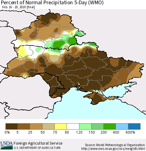 Ukraine, Moldova and Belarus Percent of Normal Precipitation 5-Day (WMO) Thematic Map For 2/16/2020 - 2/20/2020