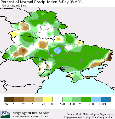 Ukraine, Moldova and Belarus Percent of Normal Precipitation 5-Day (WMO) Thematic Map For 2/26/2020 - 2/29/2020