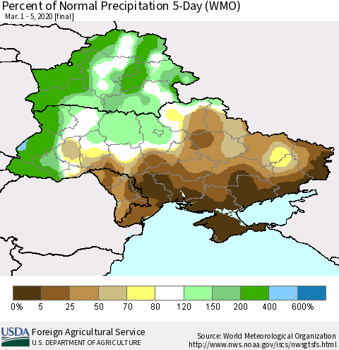 Ukraine, Moldova and Belarus Percent of Normal Precipitation 5-Day (WMO) Thematic Map For 3/1/2020 - 3/5/2020