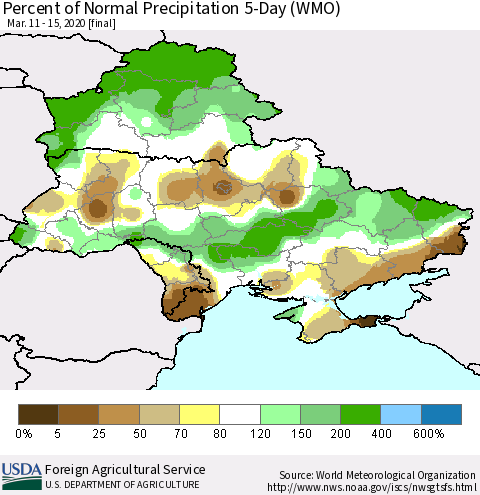 Ukraine, Moldova and Belarus Percent of Normal Precipitation 5-Day (WMO) Thematic Map For 3/11/2020 - 3/15/2020