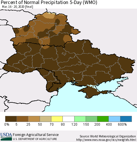 Ukraine, Moldova and Belarus Percent of Normal Precipitation 5-Day (WMO) Thematic Map For 3/16/2020 - 3/20/2020