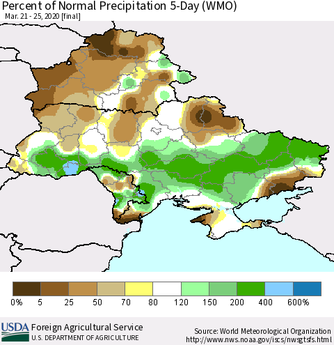 Ukraine, Moldova and Belarus Percent of Normal Precipitation 5-Day (WMO) Thematic Map For 3/21/2020 - 3/25/2020
