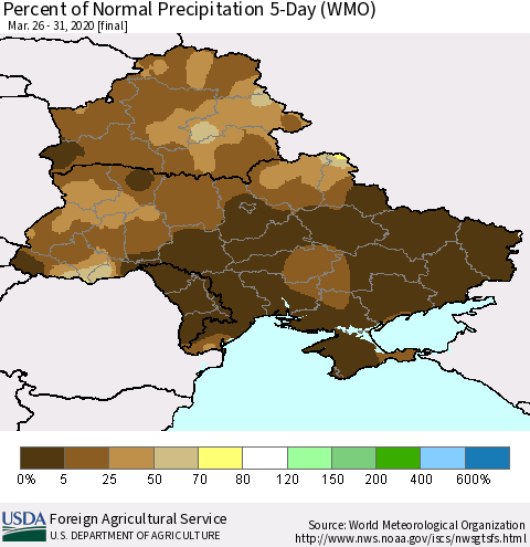 Ukraine, Moldova and Belarus Percent of Normal Precipitation 5-Day (WMO) Thematic Map For 3/26/2020 - 3/31/2020