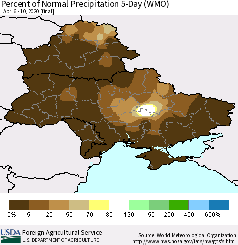 Ukraine, Moldova and Belarus Percent of Normal Precipitation 5-Day (WMO) Thematic Map For 4/6/2020 - 4/10/2020