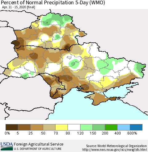 Ukraine, Moldova and Belarus Percent of Normal Precipitation 5-Day (WMO) Thematic Map For 4/11/2020 - 4/15/2020