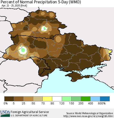 Ukraine, Moldova and Belarus Percent of Normal Precipitation 5-Day (WMO) Thematic Map For 4/21/2020 - 4/25/2020
