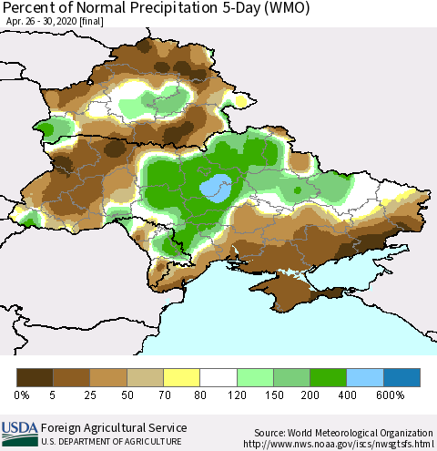 Ukraine, Moldova and Belarus Percent of Normal Precipitation 5-Day (WMO) Thematic Map For 4/26/2020 - 4/30/2020