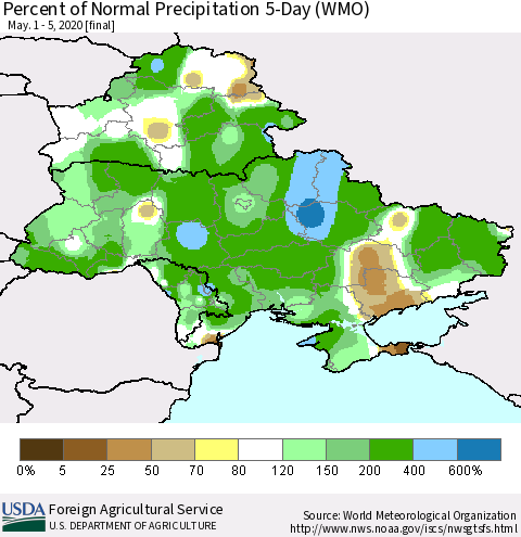 Ukraine, Moldova and Belarus Percent of Normal Precipitation 5-Day (WMO) Thematic Map For 5/1/2020 - 5/5/2020