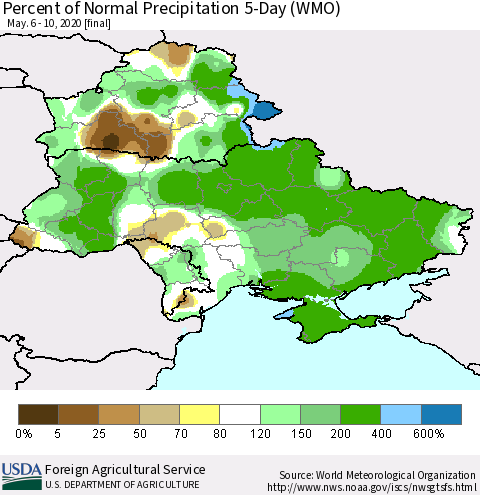 Ukraine, Moldova and Belarus Percent of Normal Precipitation 5-Day (WMO) Thematic Map For 5/6/2020 - 5/10/2020