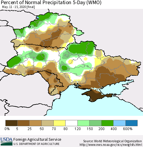 Ukraine, Moldova and Belarus Percent of Normal Precipitation 5-Day (WMO) Thematic Map For 5/11/2020 - 5/15/2020