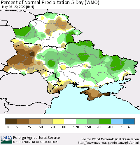 Ukraine, Moldova and Belarus Percent of Normal Precipitation 5-Day (WMO) Thematic Map For 5/16/2020 - 5/20/2020