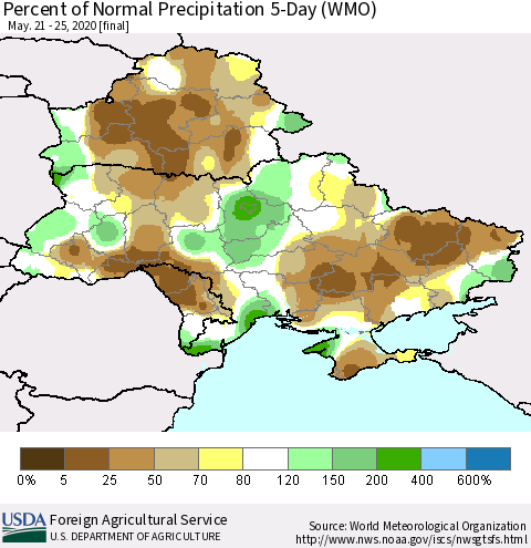 Ukraine, Moldova and Belarus Percent of Normal Precipitation 5-Day (WMO) Thematic Map For 5/21/2020 - 5/25/2020