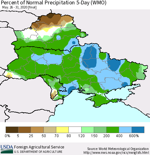 Ukraine, Moldova and Belarus Percent of Normal Precipitation 5-Day (WMO) Thematic Map For 5/26/2020 - 5/31/2020