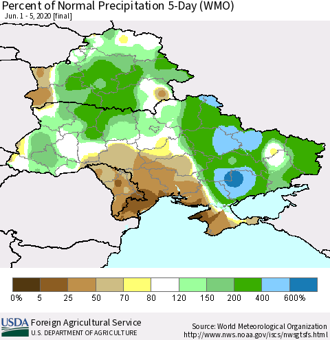 Ukraine, Moldova and Belarus Percent of Normal Precipitation 5-Day (WMO) Thematic Map For 6/1/2020 - 6/5/2020