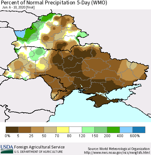 Ukraine, Moldova and Belarus Percent of Normal Precipitation 5-Day (WMO) Thematic Map For 6/6/2020 - 6/10/2020