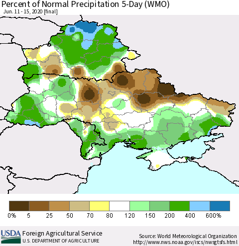 Ukraine, Moldova and Belarus Percent of Normal Precipitation 5-Day (WMO) Thematic Map For 6/11/2020 - 6/15/2020