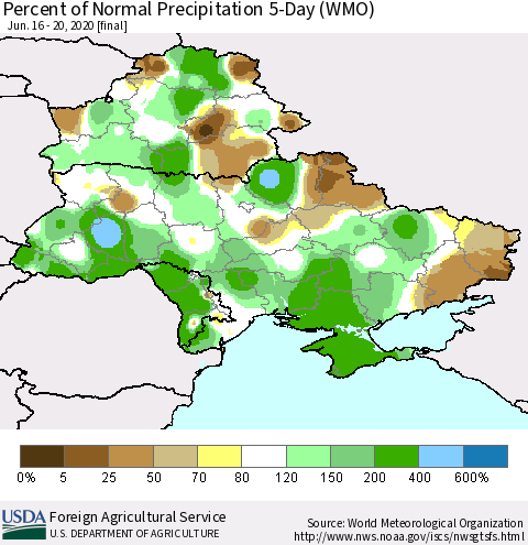 Ukraine, Moldova and Belarus Percent of Normal Precipitation 5-Day (WMO) Thematic Map For 6/16/2020 - 6/20/2020