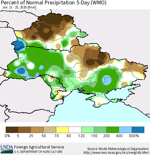 Ukraine, Moldova and Belarus Percent of Normal Precipitation 5-Day (WMO) Thematic Map For 6/21/2020 - 6/25/2020