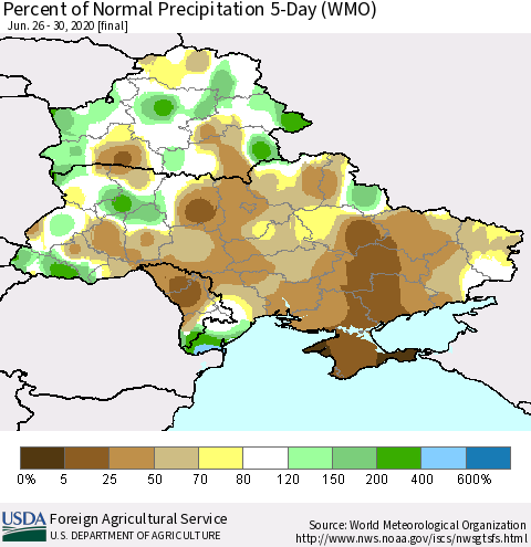Ukraine, Moldova and Belarus Percent of Normal Precipitation 5-Day (WMO) Thematic Map For 6/26/2020 - 6/30/2020