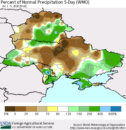 Ukraine, Moldova and Belarus Percent of Normal Precipitation 5-Day (WMO) Thematic Map For 7/1/2020 - 7/5/2020