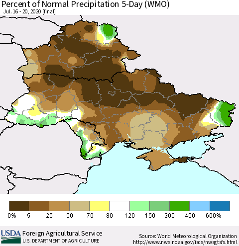 Ukraine, Moldova and Belarus Percent of Normal Precipitation 5-Day (WMO) Thematic Map For 7/16/2020 - 7/20/2020