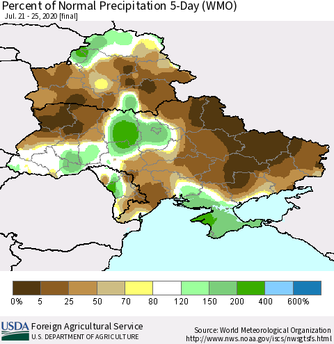 Ukraine, Moldova and Belarus Percent of Normal Precipitation 5-Day (WMO) Thematic Map For 7/21/2020 - 7/25/2020