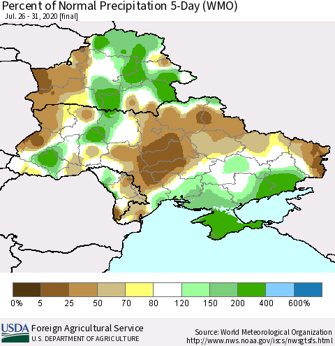 Ukraine, Moldova and Belarus Percent of Normal Precipitation 5-Day (WMO) Thematic Map For 7/26/2020 - 7/31/2020