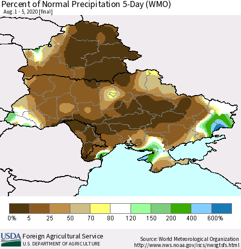 Ukraine, Moldova and Belarus Percent of Normal Precipitation 5-Day (WMO) Thematic Map For 8/1/2020 - 8/5/2020