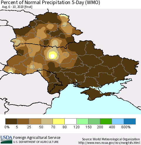 Ukraine, Moldova and Belarus Percent of Normal Precipitation 5-Day (WMO) Thematic Map For 8/6/2020 - 8/10/2020