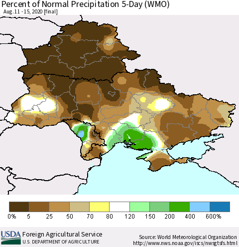 Ukraine, Moldova and Belarus Percent of Normal Precipitation 5-Day (WMO) Thematic Map For 8/11/2020 - 8/15/2020