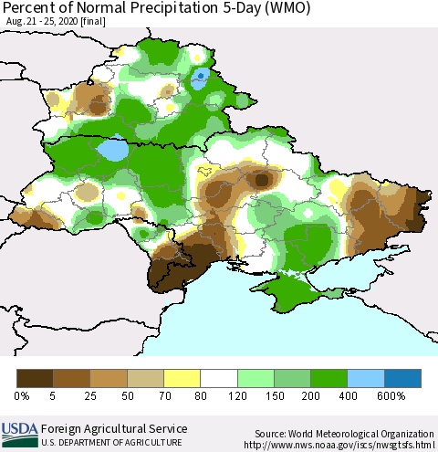 Ukraine, Moldova and Belarus Percent of Normal Precipitation 5-Day (WMO) Thematic Map For 8/21/2020 - 8/25/2020