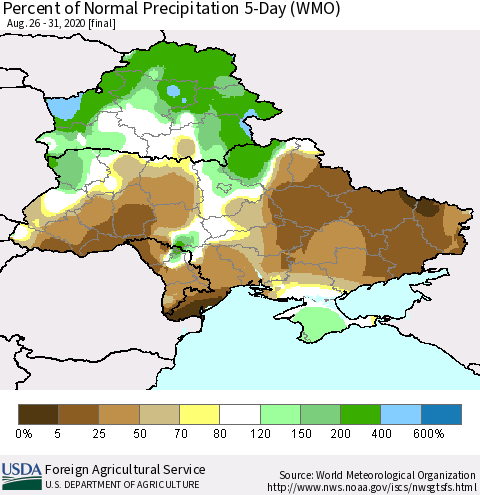 Ukraine, Moldova and Belarus Percent of Normal Precipitation 5-Day (WMO) Thematic Map For 8/26/2020 - 8/31/2020
