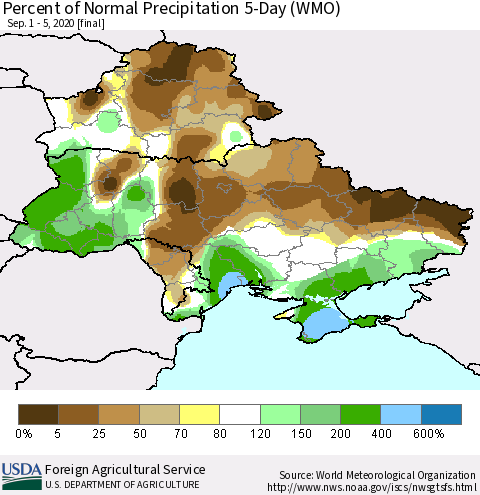 Ukraine, Moldova and Belarus Percent of Normal Precipitation 5-Day (WMO) Thematic Map For 9/1/2020 - 9/5/2020