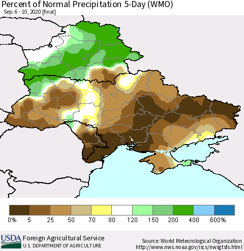 Ukraine, Moldova and Belarus Percent of Normal Precipitation 5-Day (WMO) Thematic Map For 9/6/2020 - 9/10/2020