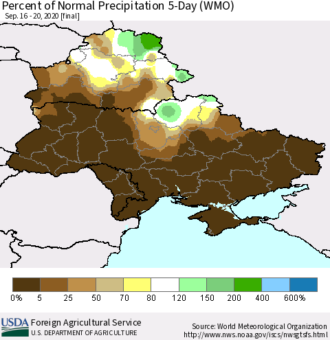 Ukraine, Moldova and Belarus Percent of Normal Precipitation 5-Day (WMO) Thematic Map For 9/16/2020 - 9/20/2020