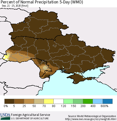 Ukraine, Moldova and Belarus Percent of Normal Precipitation 5-Day (WMO) Thematic Map For 9/21/2020 - 9/25/2020