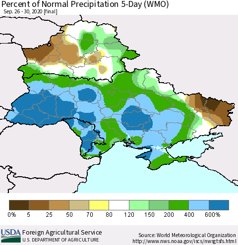Ukraine, Moldova and Belarus Percent of Normal Precipitation 5-Day (WMO) Thematic Map For 9/26/2020 - 9/30/2020